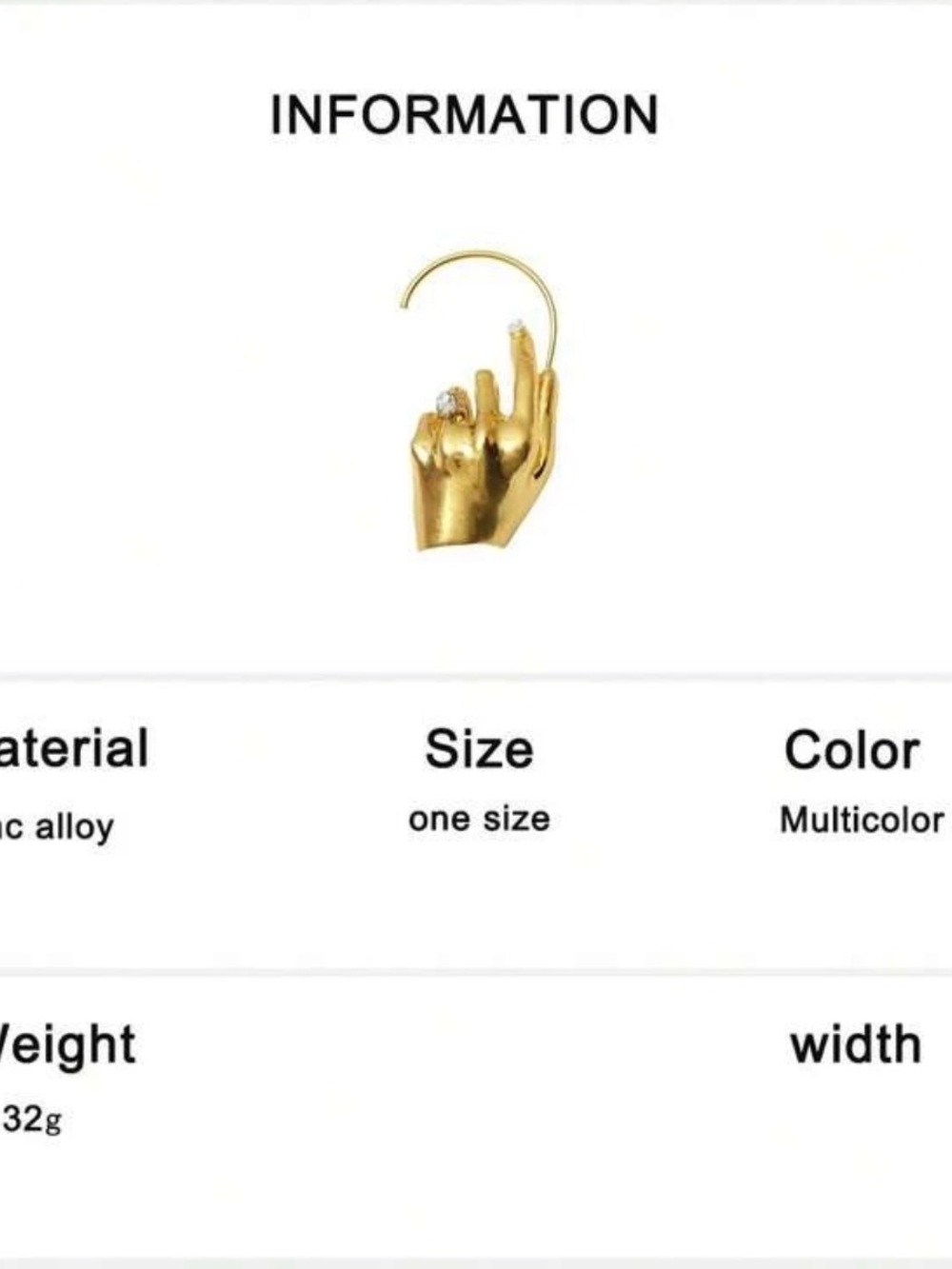 Gold Sculptural Hand Ear Cuff with Crystal Accent - Picture 4 of 4